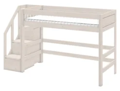 Lifetime Hochbett 152cm 90x200cm mit Treppe und Deluxe Lattenrost Absturzsicherung Streben whitewash