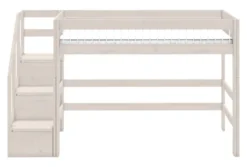 Lifetime Hochbett 152cm 90x200cm mit Treppe und Deluxe Lattenrost Absturzsicherung Streben whitewash