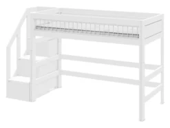 Lifetime Hochbett 152cm 90x200cm mit Treppe und Deluxe Lattenrost Absturzsicherung Streben weiß lackiert