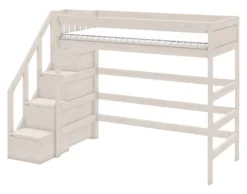 Lifetime Hochbett 90x200cm mit Treppe und Deluxe Lattenrost Absturzsicherung Streben whitewash