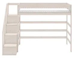 Lifetime Hochbett 90x200cm mit Treppe und Deluxe Lattenrost Absturzsicherung Streben whitewash