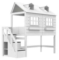 Lifetime Lake House halbhohes Hüttenbett 90x200cm mit Rollrost und Treppe weiß lackiert