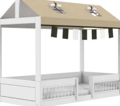 Lifetime Montessori Bett 90x200cm mit Dachaufsatz und Absturzsicherung weiß lackiert inkl. Himmel Panda Paradise