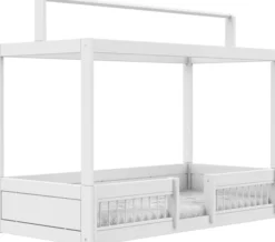 Lifetime Montessori Bett 90x200cm mit Dachaufsatz und Absturzsicherung weiß lackiert inkl. Himmel Essence Sage blau