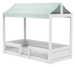 Lifetime Montessori Bett 90x200cm mit Dachaufsatz und Absturzsicherung weiß lackiert inkl. Himmel Essence Sage blau