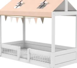 Lifetime Montessori Bett 90x200cm mit Dachaufsatz und Absturzsicherung weiß lackiert inkl. Himmel Happy Rabbit