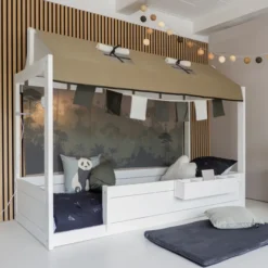 Lifetime Montessori Bett 90x200cm mit Dachaufsatz weiß lackiert inkl. Himmel & Stoffrückwand Panda Paradise und Absturzsicherung weiß lackiert
