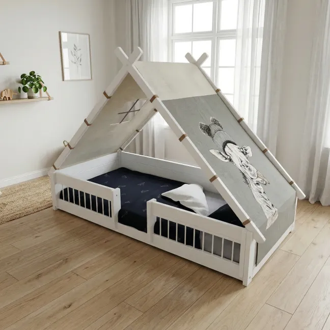 Lifetime Montessori Tipibett Jungle 90x200cm mit Rollboden und Absturzsicherung weiß lackiert