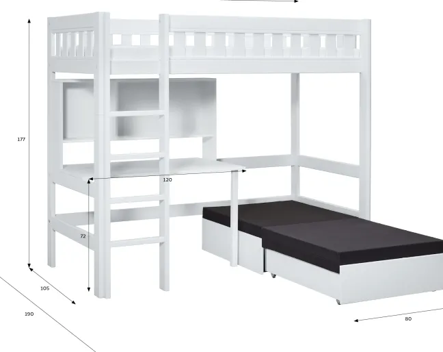 Lifetime Norden Hochbett 90x200cm mit Rollboden, Schreibtisch und Sofabett weiß