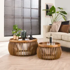 Rubjerg Design Couchtisch 2er Set Tweak Curve Ø80/Ø60cm Mangoholz massiv sandfarben