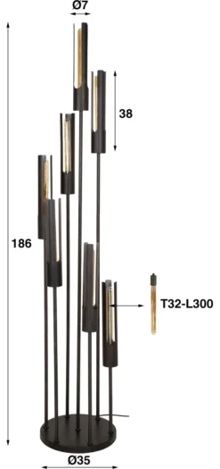 Rubjerg Design Stehlampe Tube 7 Leuchten gestuft Metall Artic schwarz