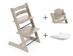 STOKKE® Mega Set Tripp Trapp® Buche Cashmere Grey + Babyset² Cashmere Grey + Tray Tisch weiß