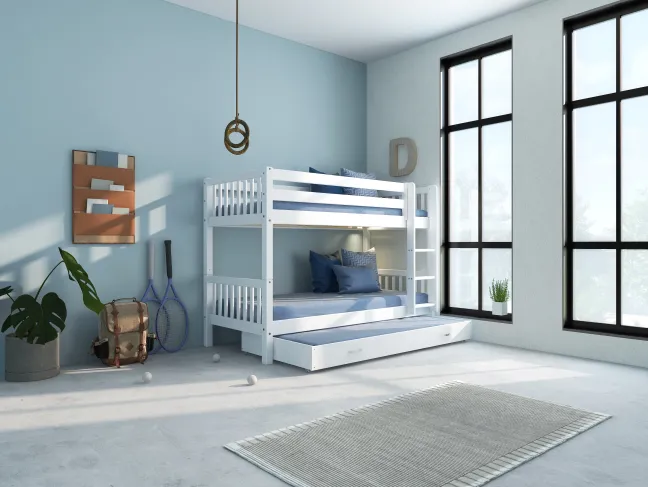 THUKA Nordic Etagenbett Crossbar mit gerader Leiter und Gästebett weiß
