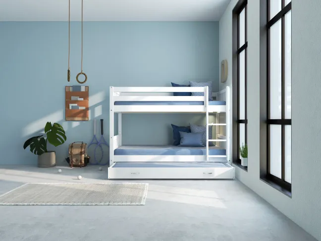 THUKA Nordic Etagenbett Crossbar mit gerader Leiter und Gästebett weiß