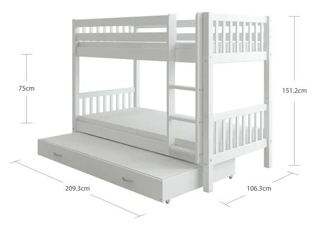 THUKA Nordic Etagenbett Crossbar mit gerader Leiter und Gästebett weiß