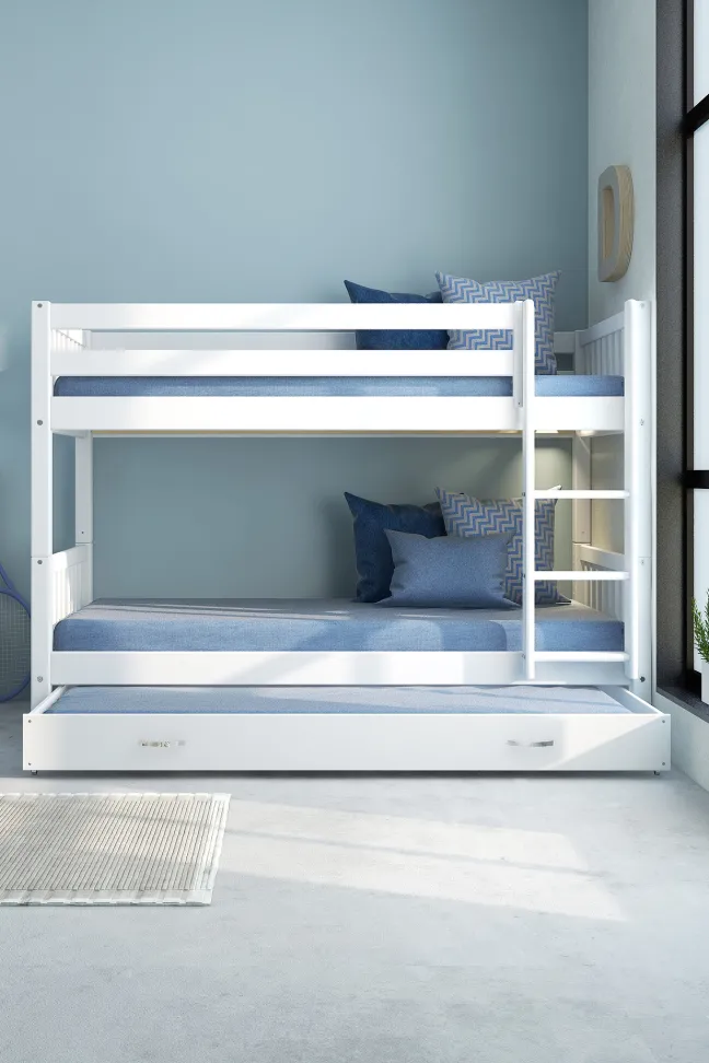 THUKA Nordic Etagenbett Crossbar mit gerader Leiter und Gästebett weiß