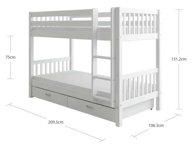 THUKA Nordic Etagenbett Crossbar mit gerader Leiter und 2 Schubladen weiß