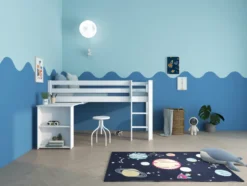 THUKA Nordic halbhohes Bett Crossbar mit gerader Leiter und ausziehbarem Schreibtisch weiß