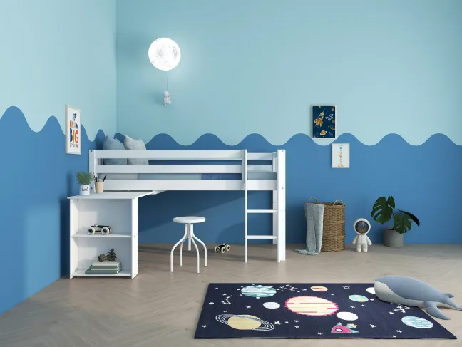 THUKA Nordic halbhohes Bett Crossbar mit gerader Leiter und ausziehbarem Schreibtisch weiß