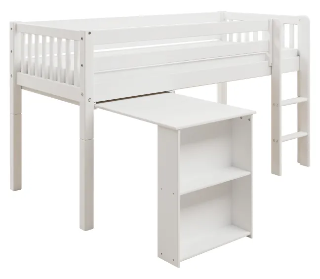 THUKA Nordic halbhohes Bett Crossbar mit gerader Leiter und ausziehbarem Schreibtisch weiß