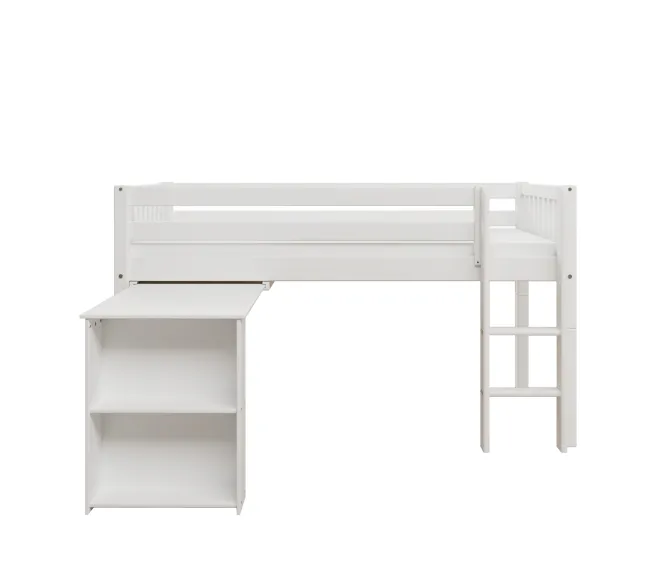 THUKA Nordic halbhohes Bett Crossbar mit gerader Leiter und ausziehbarem Schreibtisch weiß