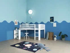 THUKA Nordic halbhohes Bett Crossbar mit gerader Leiter und ausziehbarem Schreibtisch weiß