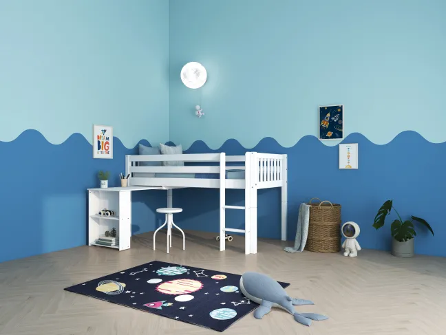 THUKA Nordic halbhohes Bett Crossbar mit gerader Leiter und ausziehbarem Schreibtisch weiß