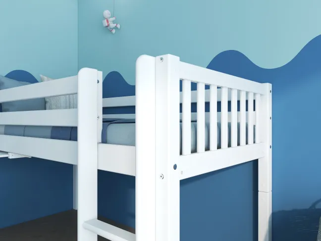 THUKA Nordic halbhohes Bett Crossbar mit gerader Leiter und ausziehbarem Schreibtisch weiß