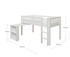 THUKA Nordic halbhohes Bett Crossbar mit gerader Leiter und ausziehbarem Schreibtisch weiß