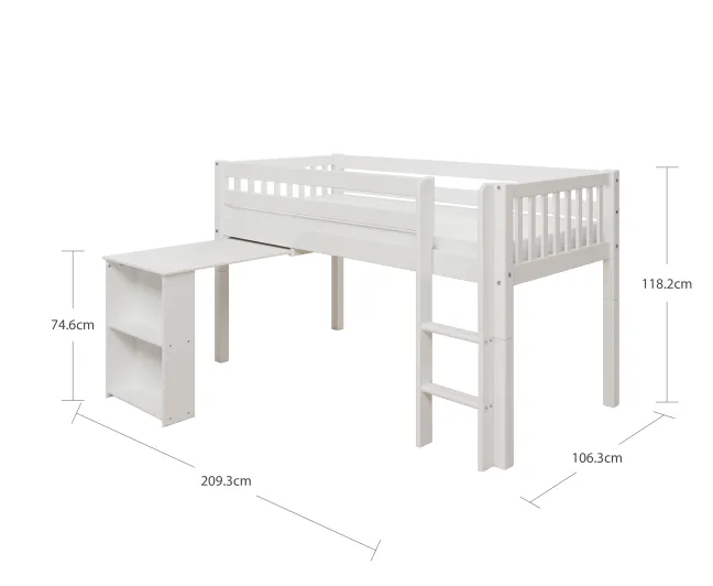 THUKA Nordic halbhohes Bett Crossbar mit gerader Leiter und ausziehbarem Schreibtisch weiß