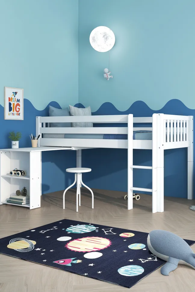 THUKA Nordic halbhohes Bett Crossbar mit gerader Leiter und ausziehbarem Schreibtisch weiß