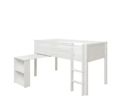THUKA Nordic halbhohes Bett Romantic mit gerader Leiter und ausziehbarem Schreibtisch weiß