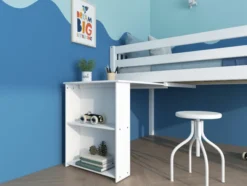 THUKA Nordic halbhohes Bett Romantic mit gerader Leiter und ausziehbarem Schreibtisch weiß