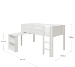 THUKA Nordic halbhohes Bett Romantic mit gerader Leiter und ausziehbarem Schreibtisch weiß