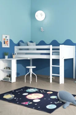 THUKA Nordic halbhohes Bett Romantic mit gerader Leiter und ausziehbarem Schreibtisch weiß