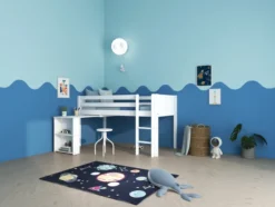 THUKA Nordic halbhohes Bett Romantic mit gerader Leiter und ausziehbarem Schreibtisch weiß