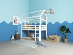 THUKA Nordic halbhohes Hausbett Crossbar mit gerader Leiter weiß