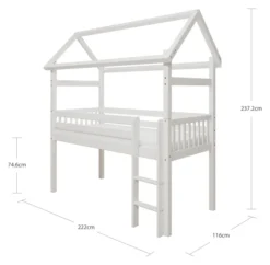 THUKA Nordic halbhohes Hausbett Crossbar mit gerader Leiter weiß
