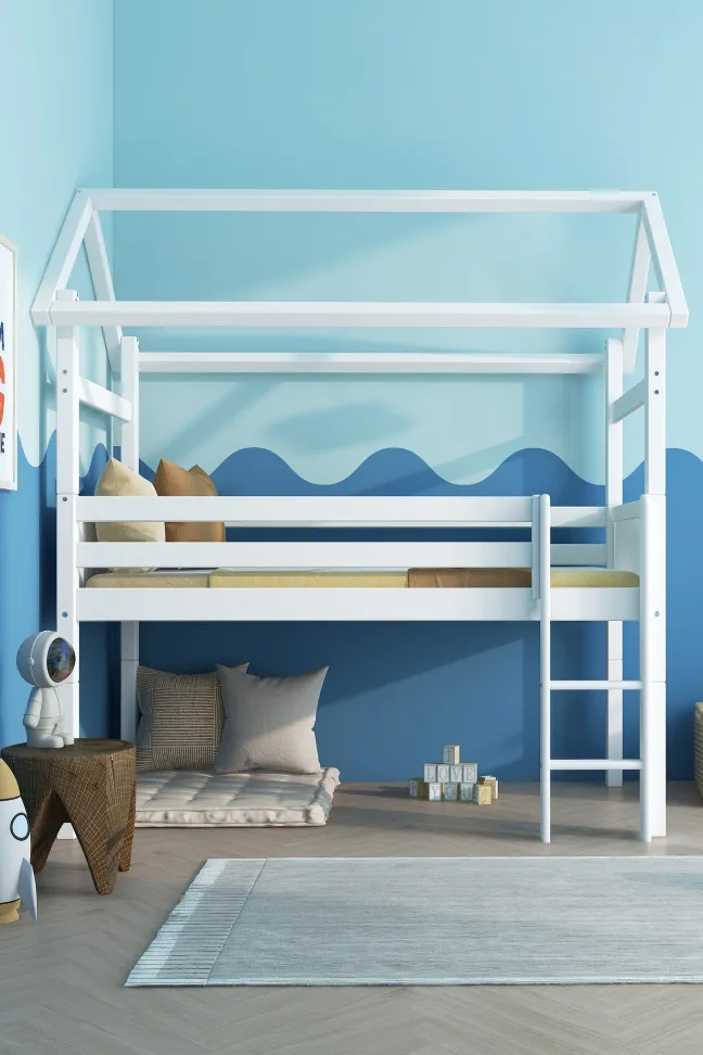 THUKA Nordic halbhohes Hausbett Romantic mit gerader Leiter weiß