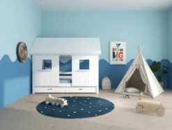 THUKA Nordic Hausbett Crossbar mit geschlossener Front, Dachpanele und 2 Schubladen weiß