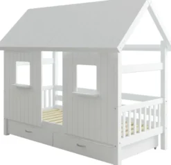 THUKA Nordic Hausbett Crossbar mit geschlossener Front, Dachpanele und 2 Schubladen weiß