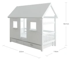 THUKA Nordic Hausbett Crossbar mit geschlossener Front, Dachpanele und 2 Schubladen weiß