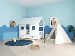 THUKA Nordic Hausbett Crossbar mit geschlossener Front, Dachpanele und 2 Schubladen weiß