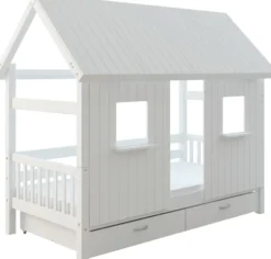 THUKA Nordic Hausbett Crossbar mit geschlossener Front, Dachpanele und 2 Schubladen weiß