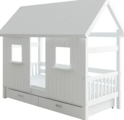 THUKA Nordic Hausbett Crossbar mit geschlossener Front, Dachpanele und 2 Schubladen weiß