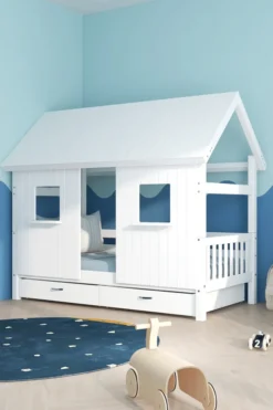 THUKA Nordic Hausbett Crossbar mit geschlossener Front, Dachpanele und 2 Schubladen weiß