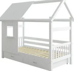 THUKA Nordic Hausbett Crossbar mit halb geschlossener Front, Dachpanele und 2 Schubladen weiß