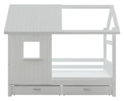 THUKA Nordic Hausbett Crossbar mit halb geschlossener Front, Dachpanele und 2 Schubladen weiß