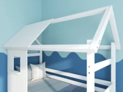 THUKA Nordic Hausbett Crossbar mit halb geschlossener Front, Dachpanele und 2 Schubladen weiß