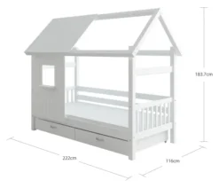 THUKA Nordic Hausbett Crossbar mit halb geschlossener Front, Dachpanele und 2 Schubladen weiß